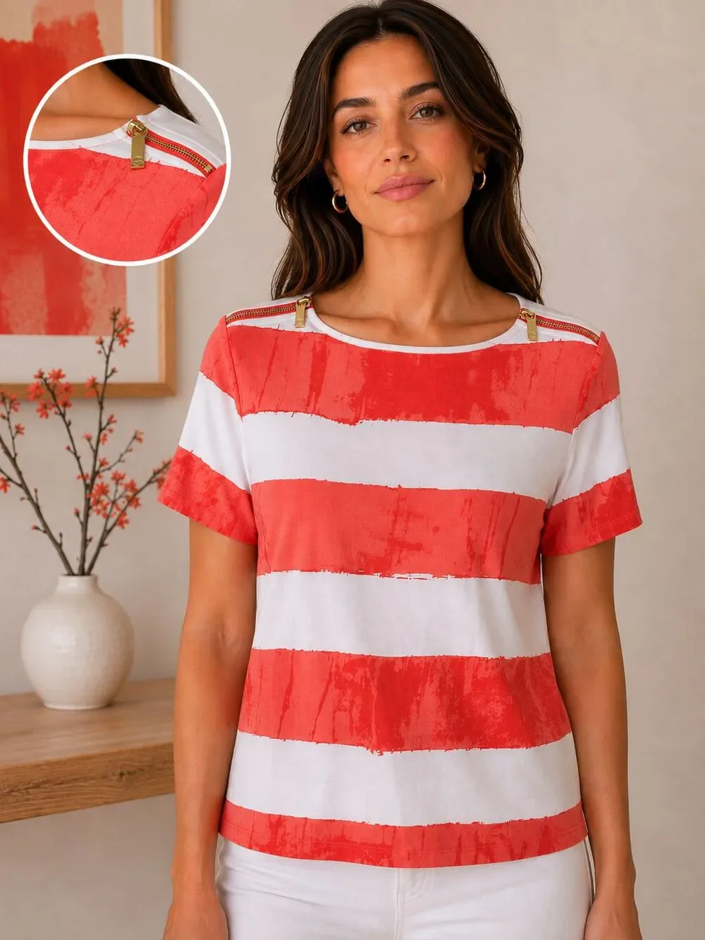 Michael Kors Womens Small Coral White Striped Top Gold Zip Shoulder Short Sleeve